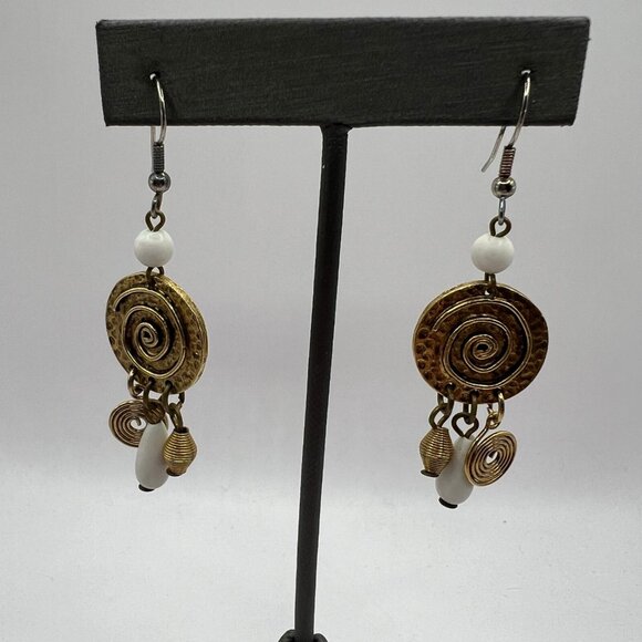 Vintage Pierced Earrings Gold Tone Embellished Disk with Beads Silver Tone Wire - Picture 1 of 6